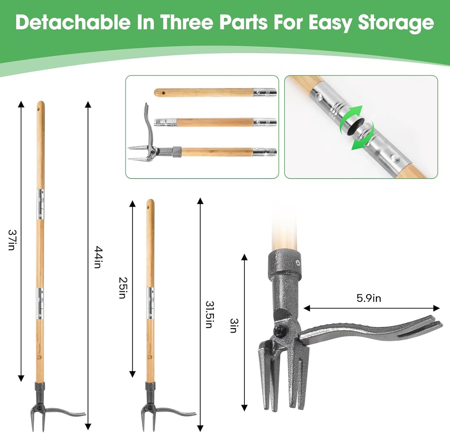 Weed Puller-Stand Up Weed Puller Tool,Adjustable 44-31.5" Bamboo Handle with Heavy Duty 4-Claw Cast Steel Head - Foot Step Design, No Bending Required - Garden & Yard Weeder