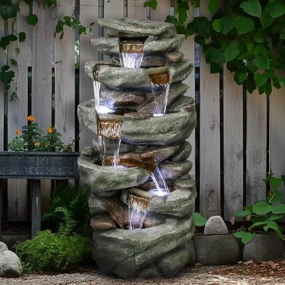 SunJet 40.5” High Rocks Outdoor Water Fountain - 6-Tiers Cascading Waterfall with LED Lights, Soothing Tranquility for Home Garden, Yard Decor