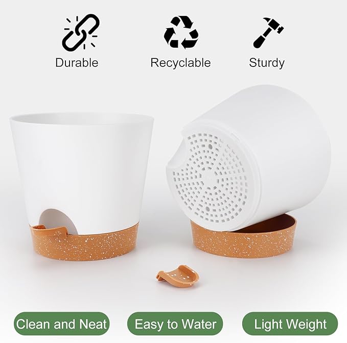 8-Inch Plant Pots, Self-Watering Planters with Drainage Holes & Saucers for Indoor and Outdoor Plants (2-Pack, White)