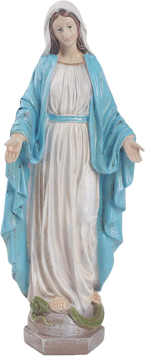 Our Lady of Grace Blessed Virgin Mother Mary Statue Catholic Religious 15.8 Inch Colored Resin Statue Figurine for Garden, Outdoor, Patio, Cemetery Grave Stone (Monther Mary)