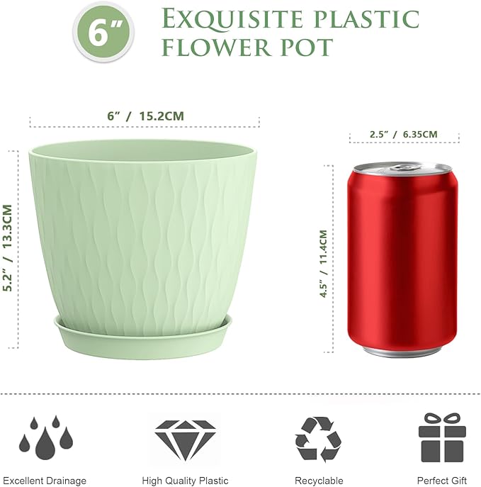 6 inch Plant Pots, 5 Pack Flower Pots with Drainage Holes and Saucers for Indoor Plants, Plastic Planters with Water Ripple for Small Garden House Plants, Nursery Pots for Succulent, Green