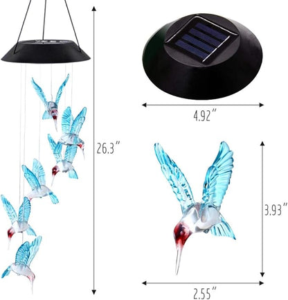 MorTime LED Solar Hummingbird Wind Chime, 25" Outdoor Hanging Wind Chime for Patio Lawn Garden Decorations, Automatic Light Changing Color (Blue Hummingbird)