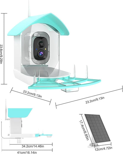 Smart Bird Feeder with Camera,AI Identify Birds Breed,Solar Powered WiFi FHD 2K Live View Camera,Auto Capture Video,Backyard Garden Bird Watching,Motion Detection,Cloud and SD Card Storage,Blue