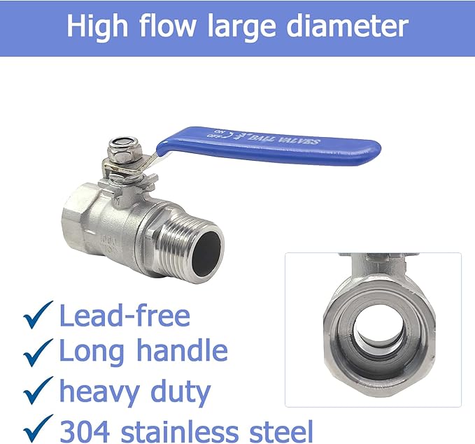Garden Hose Shut Off Ball Valve Full Flow Water Valve 3/4''GHT Female to Male Heavy Duty Lead-free 304 Stainless Steel Long Handle No Restricted-Flow Water Shut Off Connector