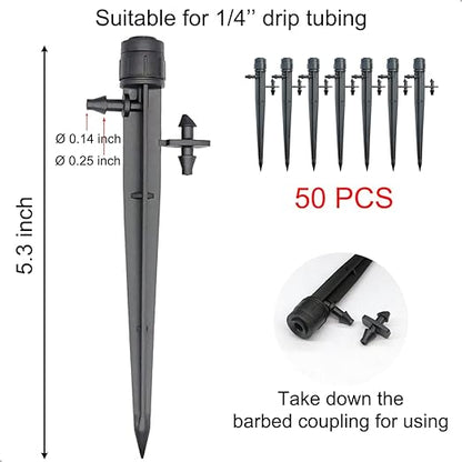 50 Pcs Drip Irrigation Emitters, Adjustable Flow 0-20 GPH Irrigation Drippers with Stake, Full Circle Flow Sprinkler Head, Micro Sprinkler for Garden Patio Lawn Flower Bed
