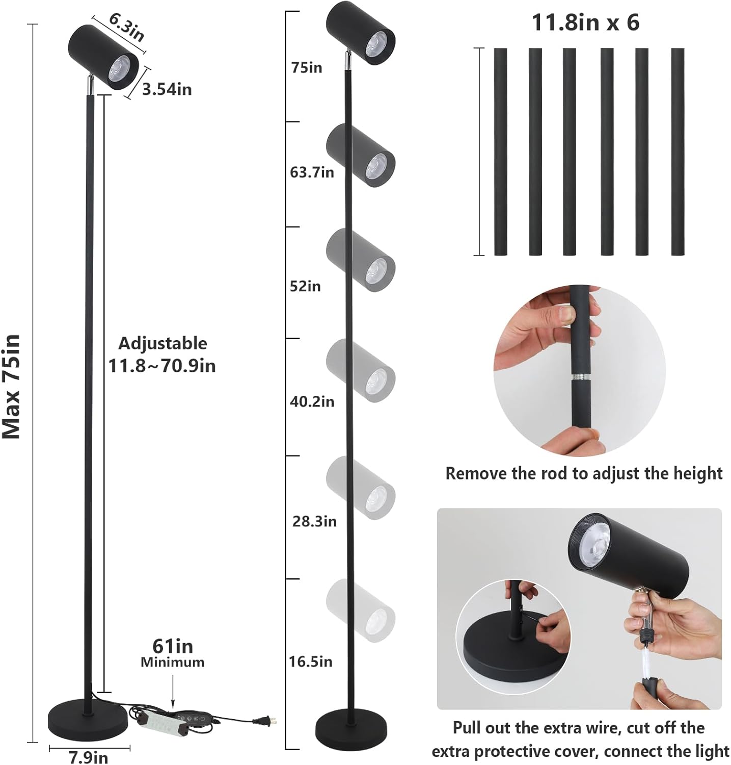 HMVPL 40W Grow Lights Stand for Indoor Plants Full Spectrum, Standing Plant Light for Indoor Growing with COB Plant Light Bulb, 4/8/12H Timer, Tall Growth Floor Lamp for Large Plant (6 Level Height)