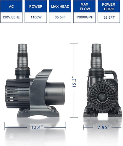 OYO WATER Outdoor Extra Large 13800gph-1100W 32.8FT Pond Water-fall & Kio Fish Fountain-s& Garden Pump Submersible IPX8:Long 32.8FT Cord Smart-er&Quieter Duck&Yard&Patio Ponds Pumps,1 Barrier Pump Bag