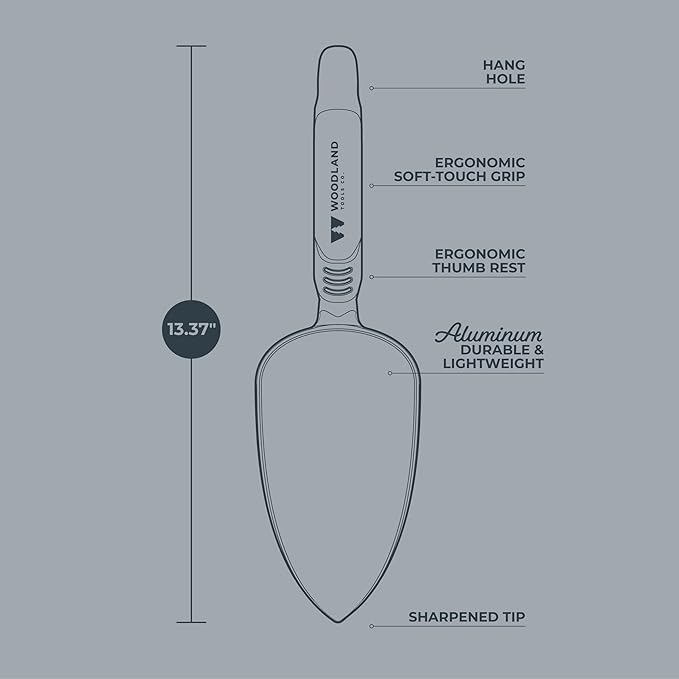 Woodland Tools Heavy Duty Garden Trowel – Full Tang Aluminum Construction, Extra Wide Scoop, Sharpened Point, Ergonomic Cushioned Grip, Rust Resistant Hand Tool for Digging in Clay and Tough Soil