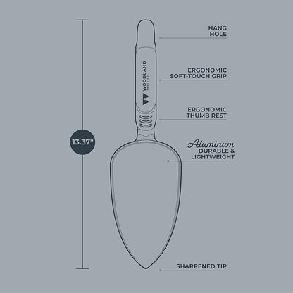 Woodland Tools Heavy Duty Garden Trowel – Full Tang Aluminum Construction, Extra Wide Scoop, Sharpened Point, Ergonomic Cushioned Grip, Rust Resistant Hand Tool for Digging in Clay and Tough Soil