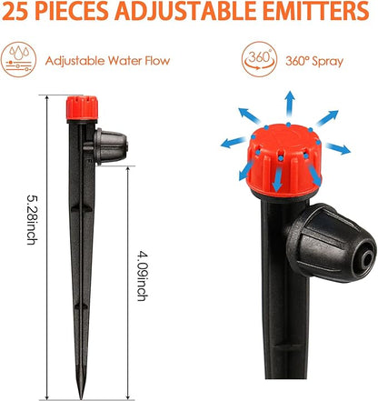 25 Pieces Drip Emitters Stream with Stake for 1/4" Irrigation Tubing: Adjustable 360 Degree Water Flow Irrigation Universal Sprayer Drip Pipe Sprinklers Fittings for Garden Watering System