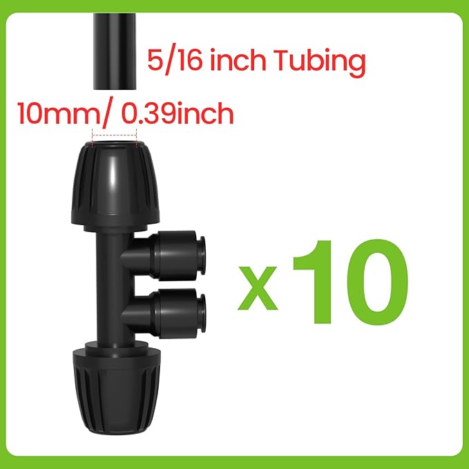 Bonviee 10 Pack 5/16” to 1/4” Reducing Tee Connectors, Split 5/16” Tubing into Two 1/4” Branches, Push-to-Connect Fast Install Drip Irrigation Fittings, Leak-Proof Adapter for Garden, Lawn, Greenhouse