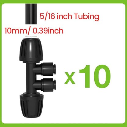 Bonviee 10 Pack 5/16” to 1/4” Reducing Tee Connectors, Split 5/16” Tubing into Two 1/4” Branches, Push-to-Connect Fast Install Drip Irrigation Fittings, Leak-Proof Adapter for Garden, Lawn, Greenhouse