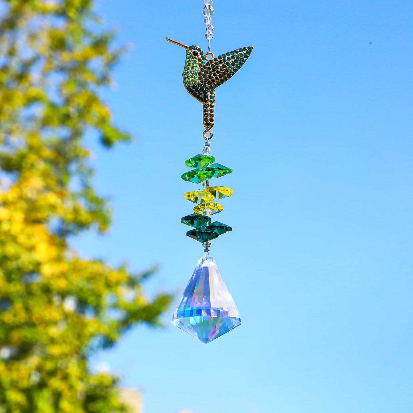 Rhinestones Hummingbird with Crystal Sun Catcher, Glass Window Hanging Ornament,Crystal Prism Suncatcher Outdoor Indoor Home Garden Party Decoration