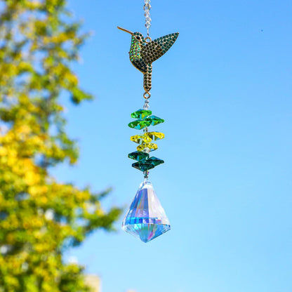 Rhinestones Hummingbird with Crystal Sun Catcher, Glass Window Hanging Ornament,Crystal Prism Suncatcher Outdoor Indoor Home Garden Party Decoration