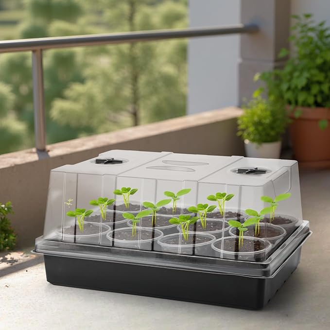 12-Pack Seed Starter Trays with 5'' Tall Humidity Domes – Thick Plastic, Reusable Seedling Tray with Clear Lids for Strong Plant Germination, Ideal Microgreen Growing Trays for Faster Seed Propagation