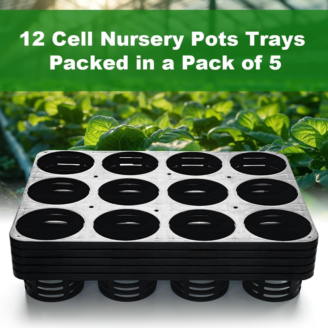 12 Cell Round Nursery Pots Tray, Plant Pot Shuttle Carry Holder and Trays for 4 inch Round Plastic Nursery Pots Flowerpot Carrier Transporting (16.75" 12.43", 2.1" Deep, 5-Pack)