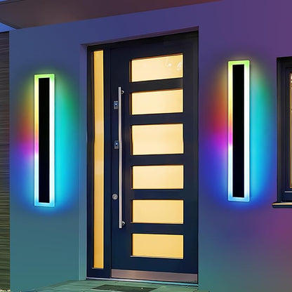 Widened 2 Pack Modern Outdoor Wall Sconces, 31.4inch RGB Dimmable LED Lights, IP65 Waterproof, 10 Colors, 5 Modes, Black Linear Exterior Lighting for Patio, Yard, Garage with Remote Control