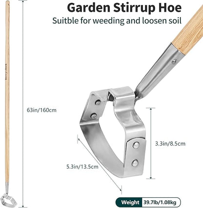 Berry&Bird Garden Weeder Hoe, 63'' Stainless Steel Hula Hoe for Weeding, Action Stirrup Hoe for Gardening Loop Scuffle Hoe with Wooden Long Handle Hand Weeder Tool Push Pull Dutch Hoe Heavy Duty