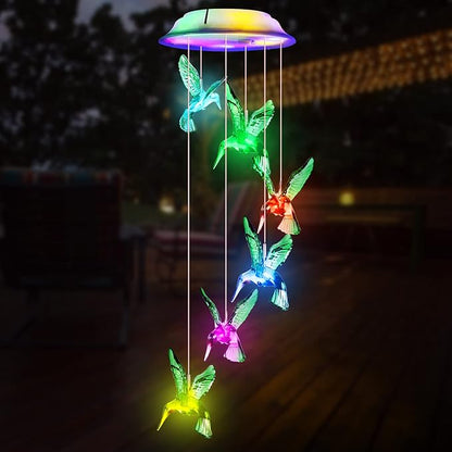 Fohil Solar Hummingbird Wind Chimes, Color Changing Solar Wind Chimes for Outside, LED Waterproof Solar Powered Hanging Lights Outdoor Valentine Decorations, Gifts for Women Mom Grandma