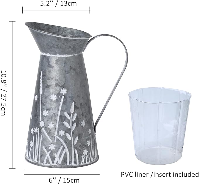 Vintage Galvanized Metal Pitcher Vase, Farmhouse Rustic Flower Vase with Handle, Decorative Floral Milk Jug Vase for Home Décor, 10.8’’H