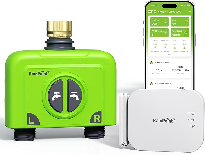 RAINPOINT WiFi Water Timer for Garden Hose, Brass Inlet 2 Zone WiFi Sprinkler Controller, Smart Hose Timer Valve with Ethernet Gateway, Rain Delay for Garden/Lawn (Support WiFi & Ethernet Connection)