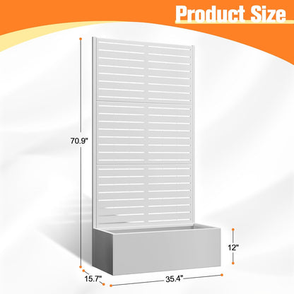 Metal Planter Box with Trellis, Raised Garder Bed with Drainage Hole, Privacy Screen & Trellis for Climbing Plants, Outdoor Plant Stands, 35''L×16''W×71''H, White