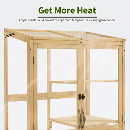 Macrout Cold Frame Greenhouse, Tall Wooden Greenhouse for Outdoor Indoor Use with Polycarbonate Panels, 3 Tier Garden Cold Frame with Drawer and Shelves, 0864 (Natural)