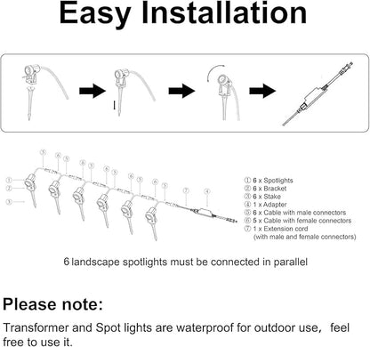SUNTHIN Outdoor Landscape Lighting, 6 Pack Outdoor Spot Lights with Transformer for Yard, Plant, Lawn, Tree, Flags, House, Garden, Fence Use, IP65 Waterproof & Connectable