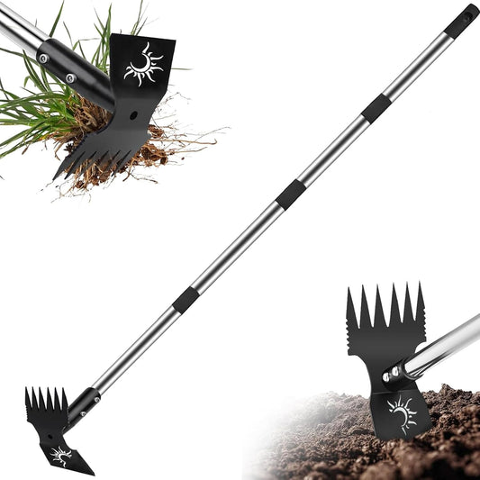 Weed Puller Tool with Long Handle, 60inch Manual Weed Puller Tool, Stainless Steel 2 in 1 Hand Weed Rake,Heavy Duty Garden Hoe for Gardening, Uprooting Weeder Remover for Patio, Lawn, Yard