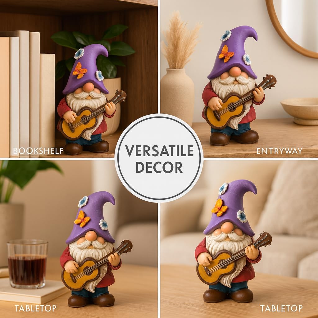 Musical Gnome Figurine with Guitar – Handcrafted Resin Garden or Shelf Decoration, 6.2" Tall Whimsical Gnome Statue with Purple Hat, Flowers & Butterfly, Gift for Music Lovers (Purple)