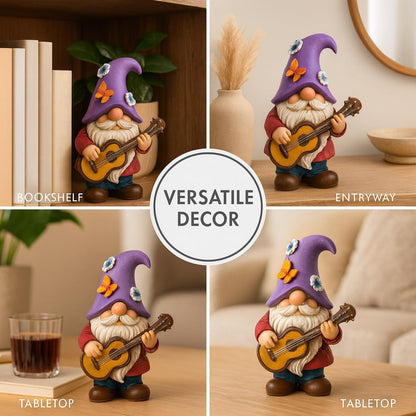 Musical Gnome Figurine with Guitar – Handcrafted Resin Garden or Shelf Decoration, 6.2" Tall Whimsical Gnome Statue with Purple Hat, Flowers & Butterfly, Gift for Music Lovers (Purple)