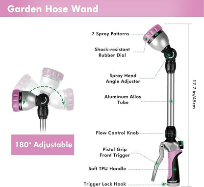 RESTMO Metal Watering Wand, Heavy Duty Garden Hose Wand with 180° Swivel Ratcheting Head, 16'' Hose Nozzle Sprayer with 7 Spray Patterns and Flow Control, for Water Hanging Baskets and Shrubs, Pink