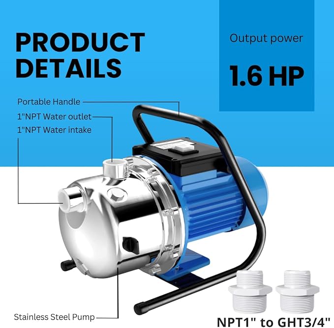 FOTING 1.6HP Shallow Well Pump, 1600GPH Jet Pumps Garden Pump 147FT, Portable 115V Water Transfer Household Draining Irrigation Pumps Stainless Steel for Garden Lawn Farm