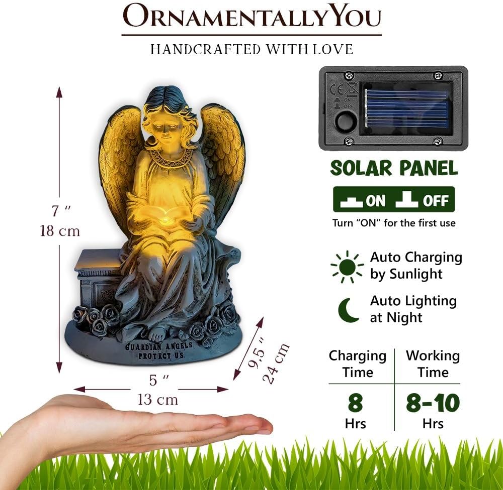 OrnamentallyYou Spring & Summer-Themed Garden Statues – Adorable Outdoor Decor for Lawn, Patio & Porch (Guardian Angel Reading Book Garden Statue, 10" Solar Powered Angelic Outdoor Figurine)