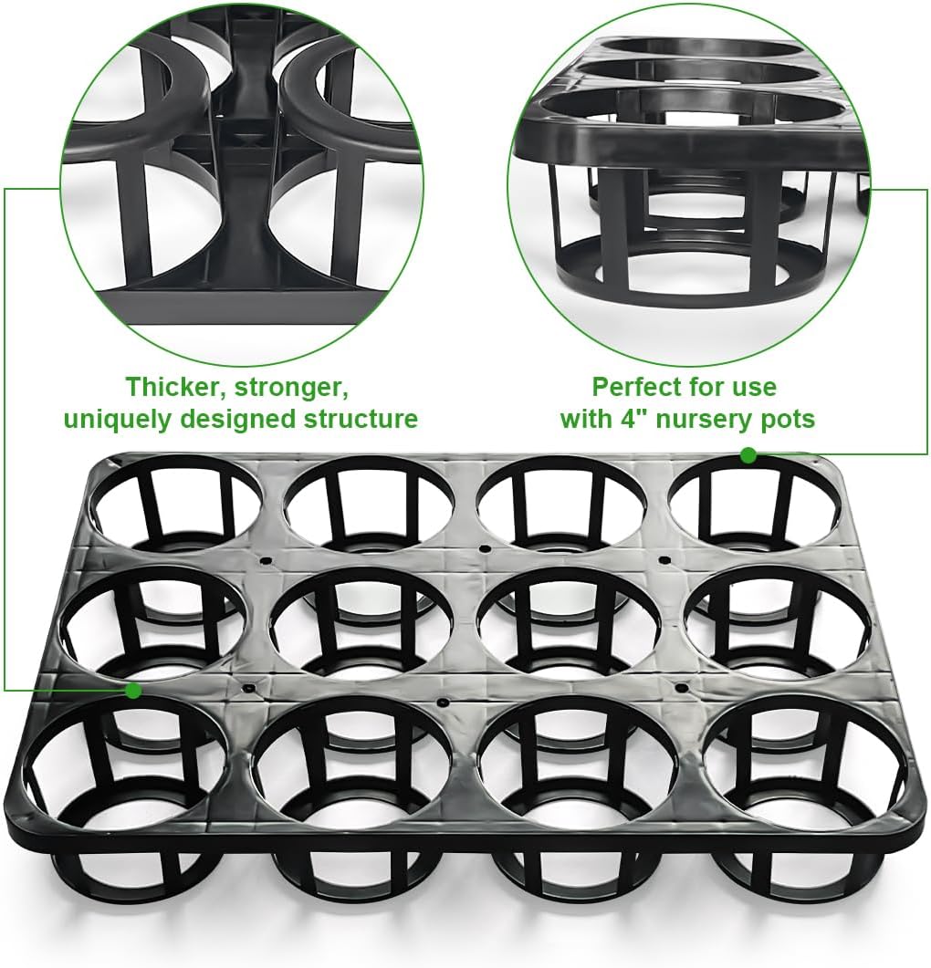 12 Cell Nursery Planter Pots Trays, Plant Pot Shuttle Carry Holder and Trays for 4 inch Round Plastic Nursery Pots Flowerpot Carrier Transporting (16.75" 12.43", 2.1" Deep, 10-Pack)