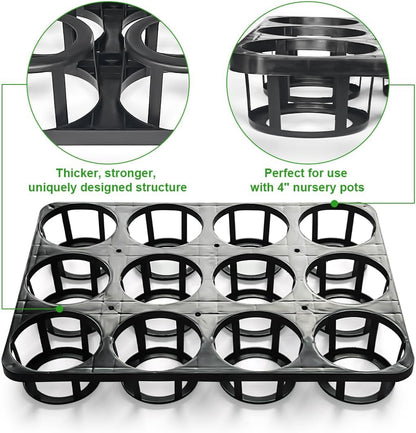 12 Cell Nursery Planter Pots Trays, Plant Pot Shuttle Carry Holder and Trays for 4 inch Round Plastic Nursery Pots Flowerpot Carrier Transporting (16.75" 12.43", 2.1" Deep, 10-Pack)