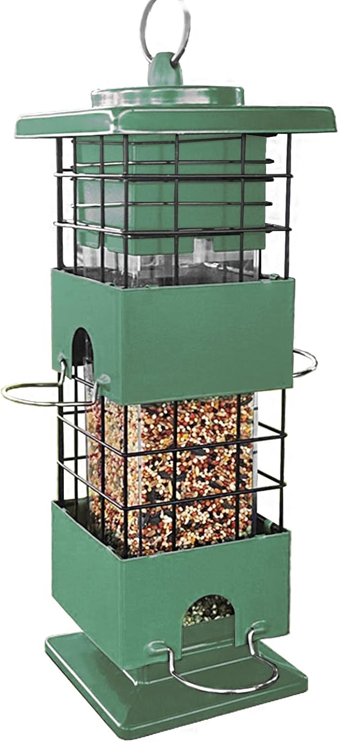 Squirrel Proof Bird Feeder, Metal Bird Feeders for Outdoors, 3Lbs Birdfeeder Outside Hanging, Weight Activated Spring, 4 Feeding Ports, Cardinals, Finches & Sparrows, Wild Birds (Green)