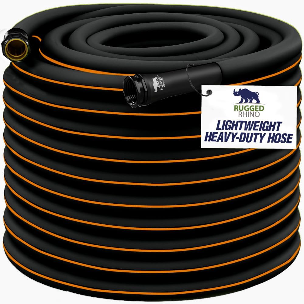 Rugged Rhino Heavy Duty Flexible Light Weight Garden Hose, 100ft x 5/8in, 4 Layer Leakproof Outdoor Gardening Tools, Watering Supplies, Powerful Water Pressure for Lawn, Flowers, Black Orange
