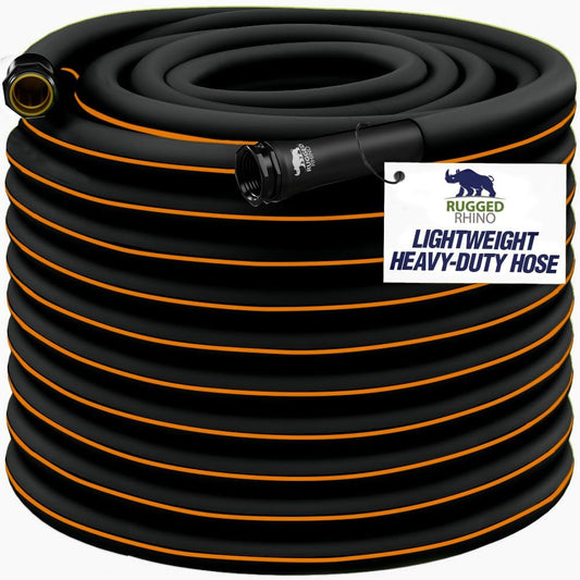 Rugged Rhino Heavy Duty Flexible Light Weight Garden Hose, 100ft x 5/8in, 4 Layer Leakproof Outdoor Gardening Tools, Watering Supplies, Powerful Water Pressure for Lawn, Flowers, Black Orange