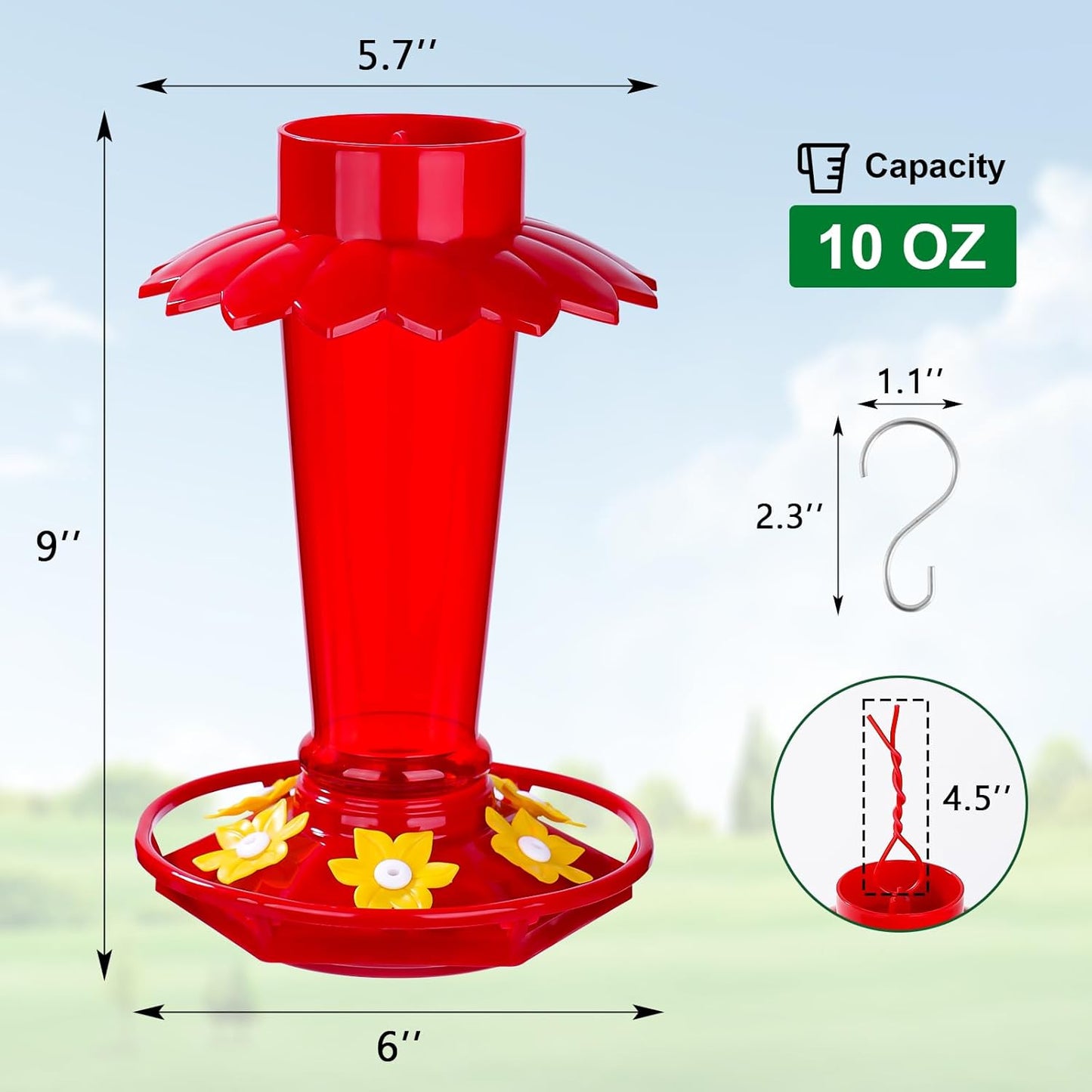 Plastic Hummingbird Feeders for Outdoors Hanging, 2 Pack 10 OZ Red Humming Bird Feeder with 6 Feeding Ports and Perch, Built-in Ant Moat, Gifts for Women Garden Decor