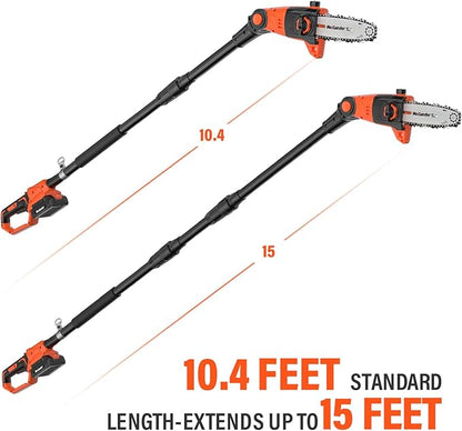 Pole Saw 8-Inch Cordless Pole Saws for Tree Trimming, 15-Feet MAX Reach Electric Pole Saw, 16ft/s Cutting Speed Auto Oiling Multi-Angle Pole Chainsaw with 20V 2.0Ah Battery & Charger