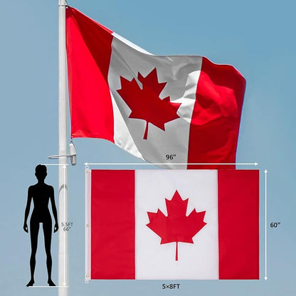 5x8 FT Outdoor Canada Flag Canadian National Flag with Embroidered Maple Leaf Heavy Duty 210D Nylon Sewn Stripes with 2 Brass Grommets for Garden, Home & Wall Decor