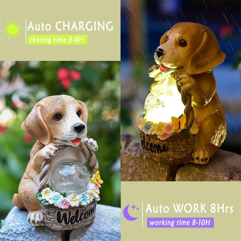 Solar Dog Statue for Outdoor Light Garden Yard Decor - Pupppy Figure for Decoration Gifts for Granpa Birthdays & Dog Lovers