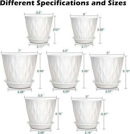 GARDIFE 7/6.5/6/5.5/5/4.5/4 inch Plant Pots, 7 Pack Flower Pots Indoor Outdoor, Planters with Drainage Holes and Tray Saucers (White)
