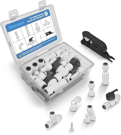26Pcs 1/4" Quick Connect Water Line Fittings Kit, Push to Connect Fittings (Ball Valve, Check Valve, T, L, Y, I & Professional Tubing Cutter) for RO/DI, Refrigerator, Ice Maker
