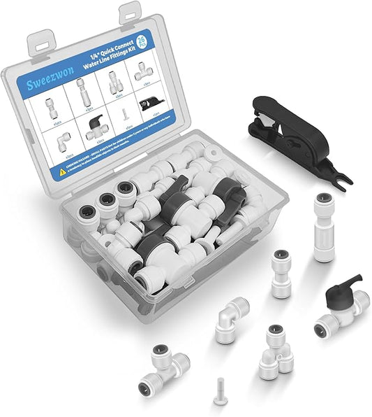 26Pcs 1/4" Quick Connect Water Line Fittings Kit, Push to Connect Fittings (Ball Valve, Check Valve, T, L, Y, I & Professional Tubing Cutter) for RO/DI, Refrigerator, Ice Maker