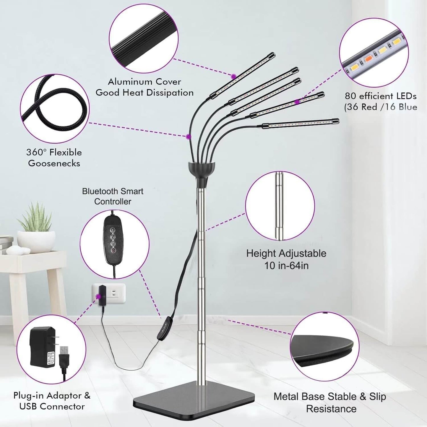 Grow Light for Indoor Plants 12-65 Inches Height Adjustable Plant Growing Lamps 5 Heads Red Blue Full Spectrum LED Auto On/Off Timer (Full Spectrum, Five Heads)