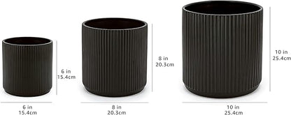 Amazon Basics Assorted Sizes Fluted Ceramic Round Planters, Set of 3, 6 inch, 8 inch, 10 inch, Black