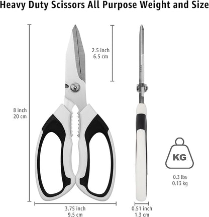 8-Inch Heavy Duty Utility Scissors All Purpose, Serrated Blade, White Comfort Grip for Cutting Carpet, Cardboard, Leather, Fabric, Multipurpose Sharp Shears for Kitchen, Garden, Office, Carft