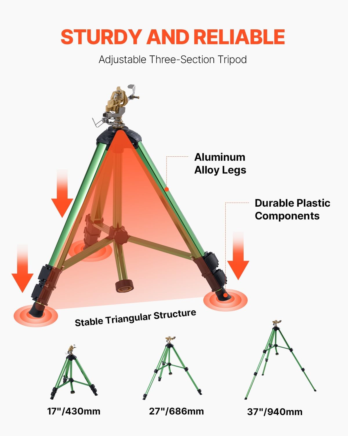 VEVOR Impact Sprinkler on Tripod Base, 2 Packs, Heavy Duty Tripod Sprinklers with Brass Head & 3/4" NH Connector, 360 Degree Large Area Irrigation Sprinkler, Adjustable Heights Sprinkler for Yard